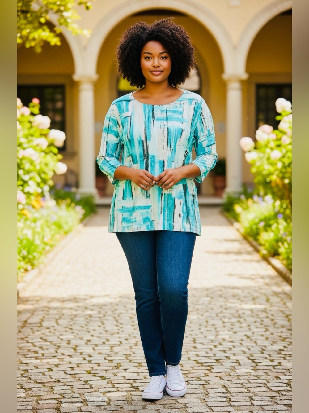 JM Collection Teal and White Top Size  1X